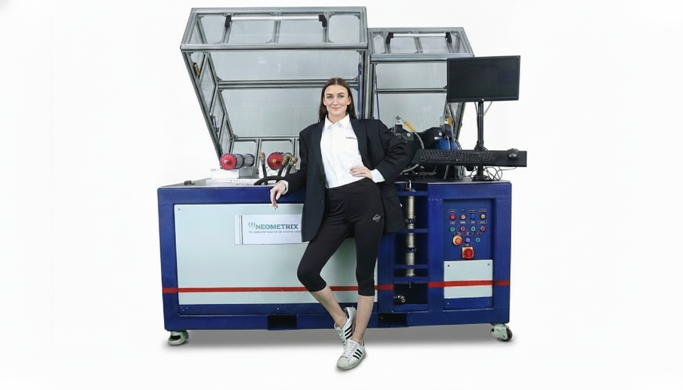 Impulse and Load Test Rig — Dynamic Shear and Pressure Impulse Endurance Test Rig with polycarbonate safety enclosure, HMI monitor, keyboard, and control panel with emergency stop