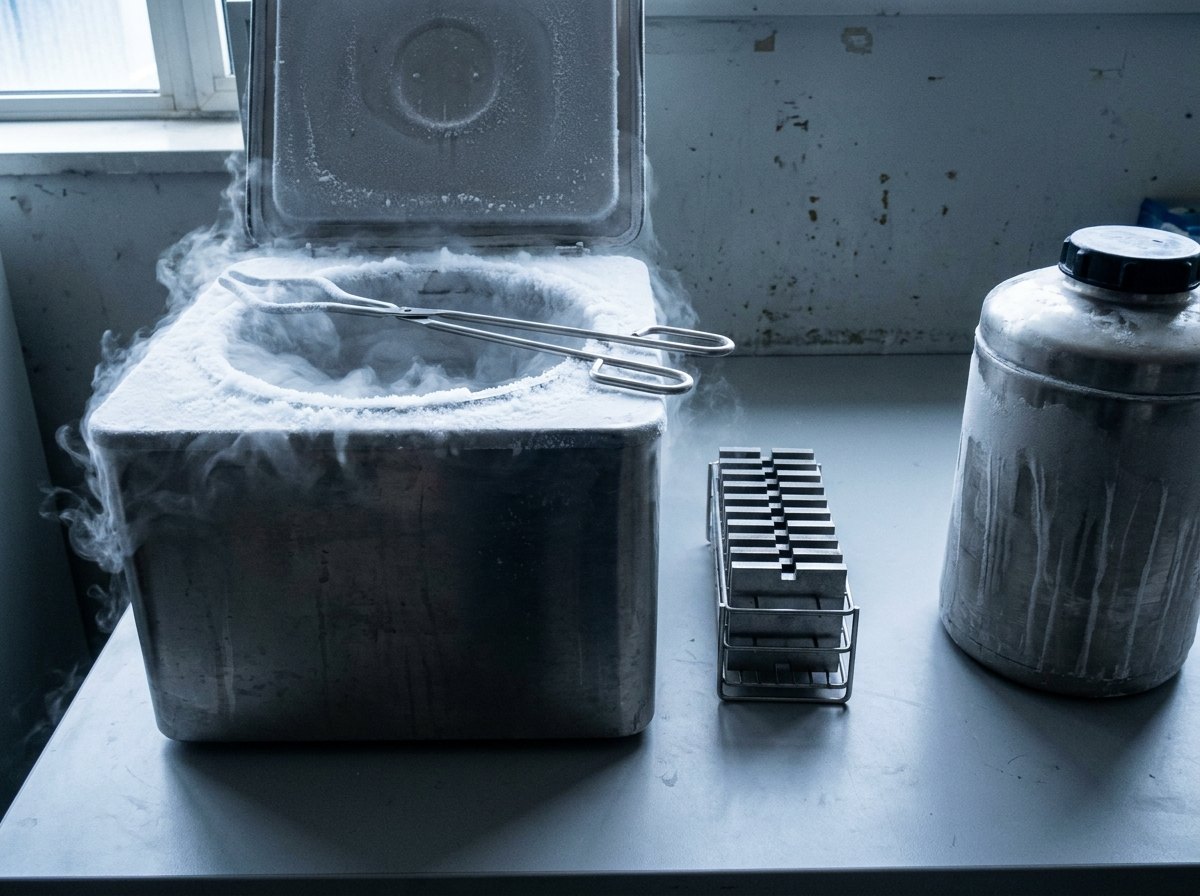 Illustrative image, not a delivered machine — a low-temperature specimen conditioning station: an insulated stainless bath heavily frosted at the rim with vapour above it, long-handled specimen tongs resting across it, a small rack of square notched metal specimens, an insulated transfer dewar beside it, plain laboratory bench, no people and no text