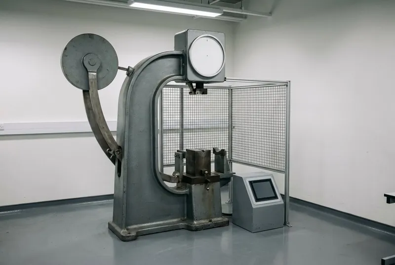 Illustrative image, not a delivered machine — a floor-standing pendulum impact testing machine: heavy grey C-frame with the hammer latched at its raised position, precision anvil and specimen supports at the centre, a mesh safety cage partly open, a small console with a blank display, clean laboratory floor, no people and no text