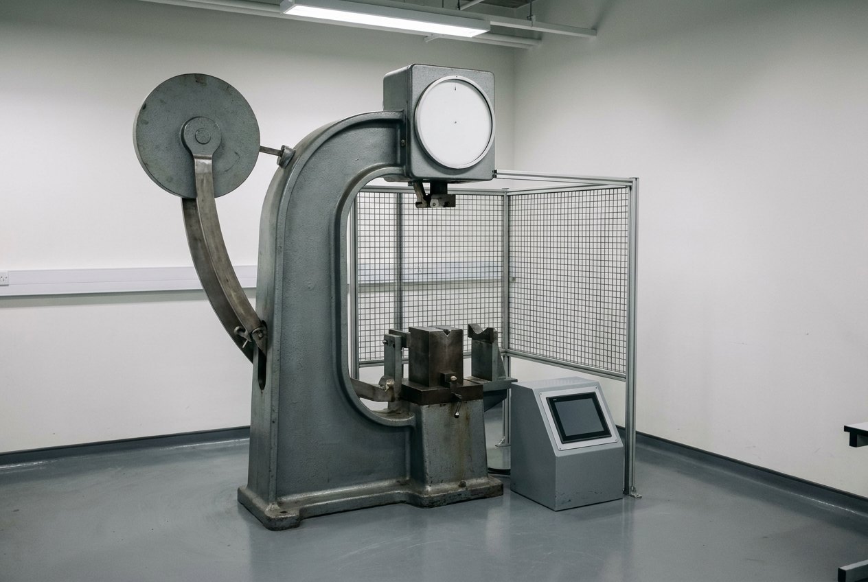 Illustrative image, not a delivered machine — a floor-standing pendulum impact testing machine: heavy grey C-frame with the hammer latched at its raised position, precision anvil and specimen supports at the centre, a mesh safety cage partly open, a small console with a blank display, clean laboratory floor, no people and no text