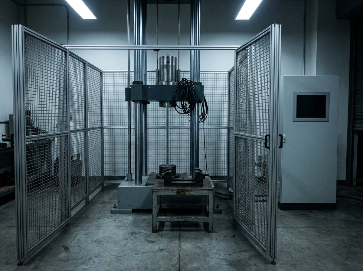 Illustrative image, not a delivered machine — an instrumented drop-weight impact tower: two vertical guide columns on a heavy base, a raised carriage with a cylindrical tup, a specimen table with clamping frame beneath, a full-height mesh guard enclosure and a grey control cabinet with a blank screen, laboratory setting, no people and no text