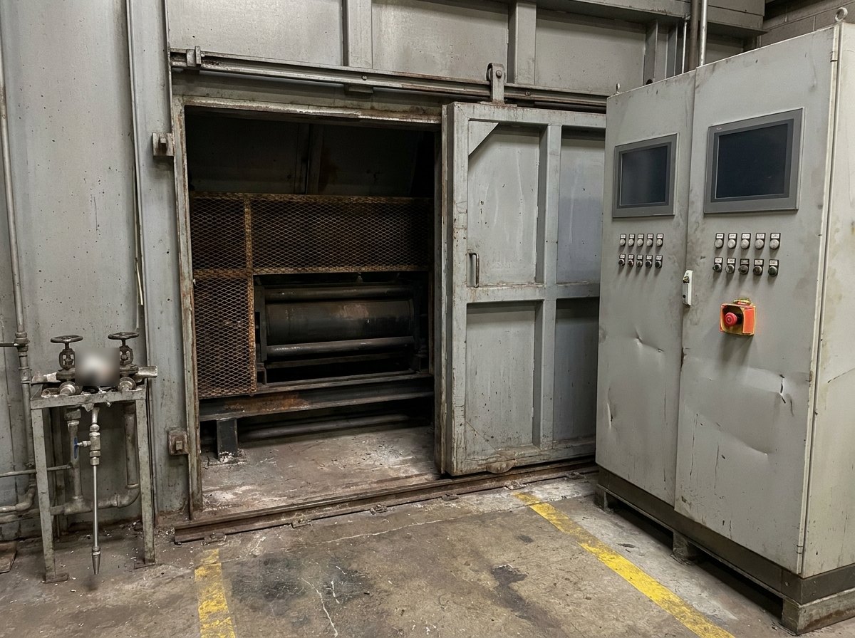 Illustrative image, not a delivered machine — the charging end of an industrial incinerator: a heavy interlocked charging door with a guarded hydraulic ram feeder, a liquid-injection lance connection on a small manifold, and a grey control cabinet with blank dark screens, indicator lamps and a red emergency stop, concrete floor, no people and no text