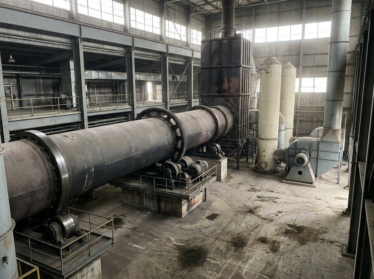 Illustrative image, not a delivered machine — an industrial rotary-kiln incinerator hall: a long inclined refractory-lined kiln shell with riding rings and a girth-gear drive, discharging into a tall secondary combustion chamber, with quench and scrubber columns, large ducting, an induced-draught fan and a stack beyond, grey industrial finishes, no people and no text