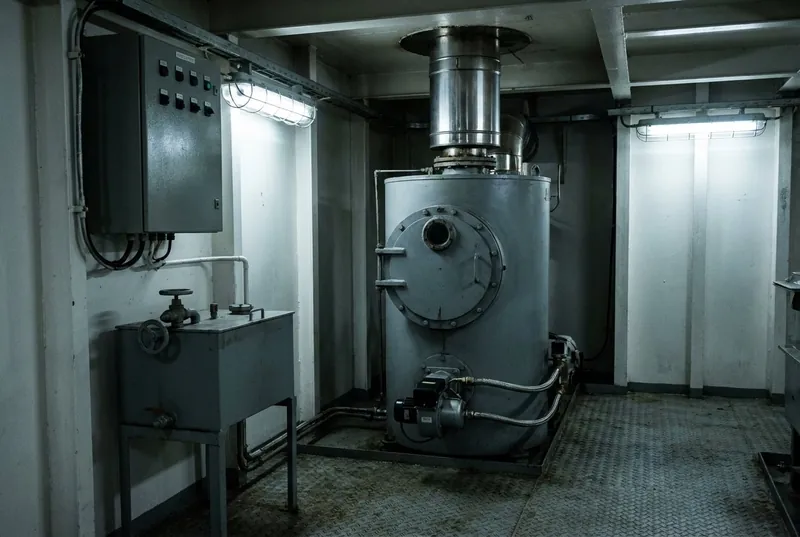 Illustrative image, not a delivered machine — a compact shipboard incinerator room: a grey refractory-lined incinerator unit with a bolted charging door and sight glass, a burner assembly with fuel lines, a small sludge-oil service tank, a control cabinet with blank indicators, and an insulated flue rising through the deckhead, no people and no text