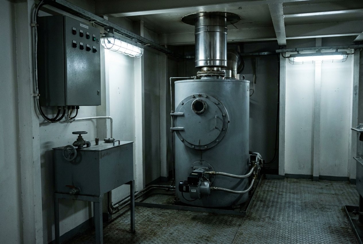 Illustrative image, not a delivered machine — a compact shipboard incinerator room: a grey refractory-lined incinerator unit with a bolted charging door and sight glass, a burner assembly with fuel lines, a small sludge-oil service tank, a control cabinet with blank indicators, and an insulated flue rising through the deckhead, no people and no text