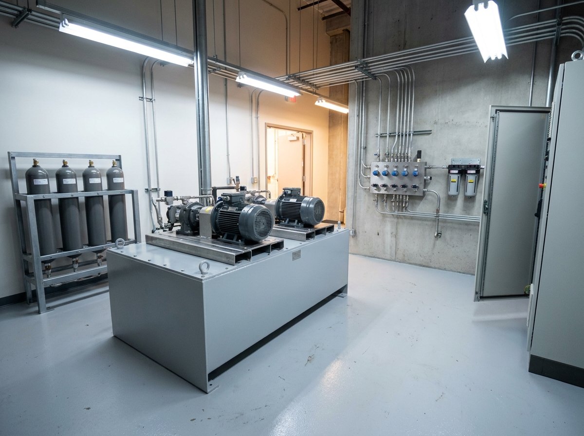 Illustrative of the class — the hydraulic supply end of a test rig in a clean plant room: a large fresh-grey hydraulic power unit with a rectangular reservoir, two electric motor and pump sets on machined baseplates, a bank of four vertical cylindrical accumulators in a steel rack beside it, a wall-mounted manifold block with rows of bright stainless tube connections and cartridge valves, twin filter housings with quick-release bowls, a control cabinet with its door closed and panel turned away, tidy overhead conduit, no people and no readable markings