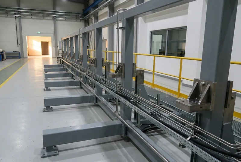 Illustrative of the class — a large systems integration test rig in a tall clean test hall: a long rectangular skeletal framework of fresh grey-painted steel box sections on levelling feet with horizontal outrigger arms at intervals, long straight runs of stainless hydraulic tube and black hose carried on cable trays along its length, heavy machined mounting brackets bolted at stations along the frame, a walkway with fresh yellow handrail down one side, a glazed control-room window in the wall behind, clean light floor with a yellow line, no people and no readable markings