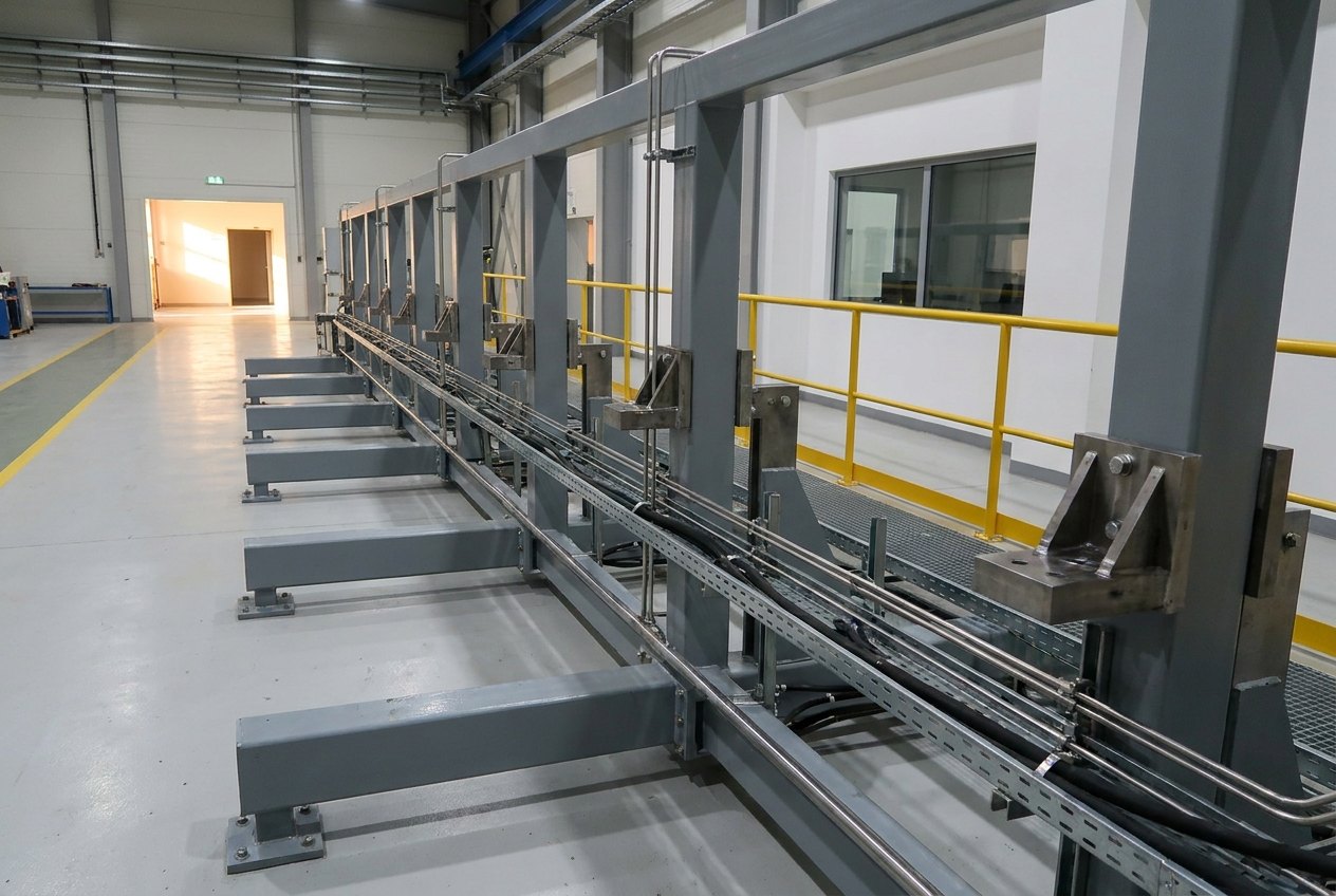 Illustrative of the class — a large systems integration test rig in a tall clean test hall: a long rectangular skeletal framework of fresh grey-painted steel box sections on levelling feet with horizontal outrigger arms at intervals, long straight runs of stainless hydraulic tube and black hose carried on cable trays along its length, heavy machined mounting brackets bolted at stations along the frame, a walkway with fresh yellow handrail down one side, a glazed control-room window in the wall behind, clean light floor with a yellow line, no people and no readable markings