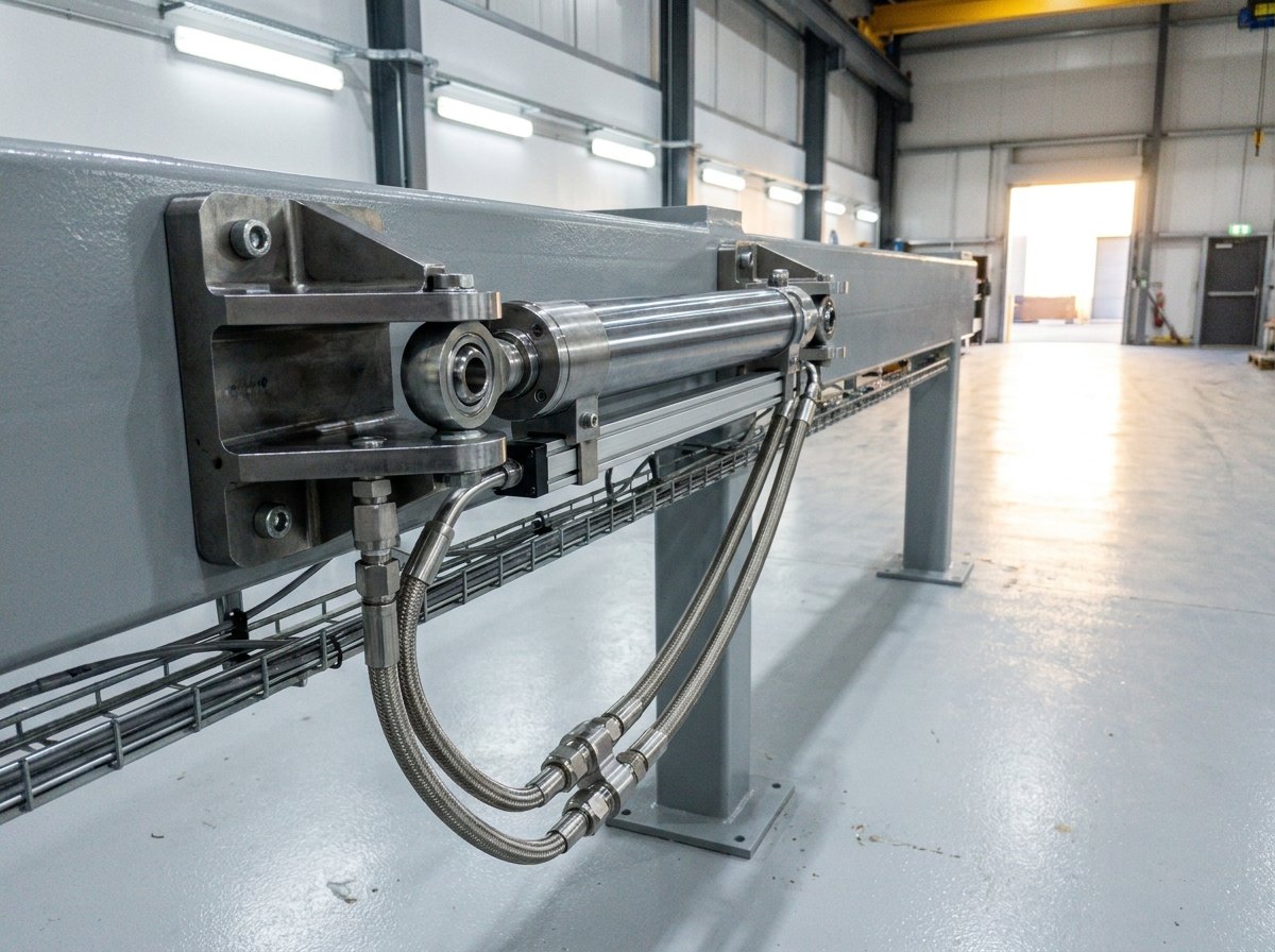 Illustrative of the class — close view of one actuator station on a steel test rig in a clean hall: a heavy machined steel mounting bracket bolted to a grey painted box-section frame member carrying a polished cylindrical hydraulic actuator on spherical bearing eye ends, two braided hydraulic hoses curving down to bright stainless tube unions, a slim linear position transducer clamped parallel to the actuator body, a second heavy bracket opposite forming a load-application anchor, fine instrumentation cables laced along the frame, no people and no readable markings