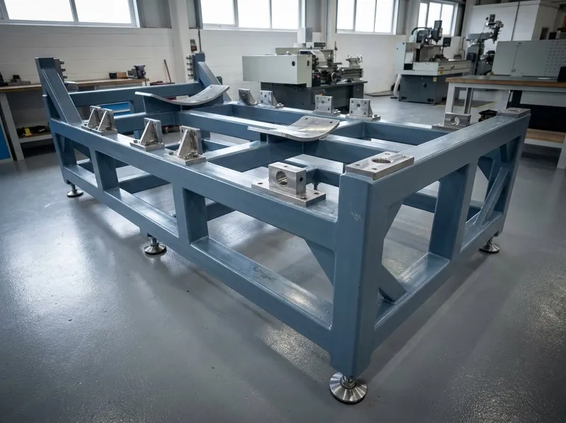 Illustrative image, not a delivered installation — an aerospace assembly jig station: a large welded steel frame in fresh blue-grey paint standing on levelling feet on a workshop floor, carrying machined removable locator brackets, contoured support plates and bushed reference blocks, with no aircraft structure present