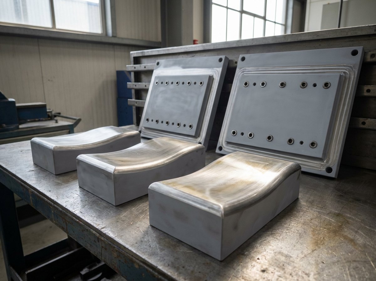 Illustrative image, not a delivered installation — aerospace form blocks and trim jigs: a workbench and rack holding several contoured steel form blocks with smooth swept surfaces, and flat trim jig plates with machined edges and rows of hardened drill bushes, in a clean toolroom