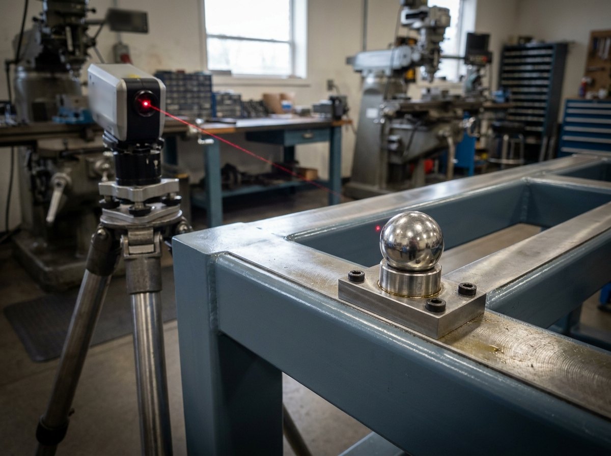 Illustrative image, not a delivered installation — jig certification by laser tracker: a laser tracker head on a heavy tripod aimed across a workshop at a welded steel jig frame, with a spherically mounted reflector seated in a bushed reference block on the structure and a small engraved target point nearby
