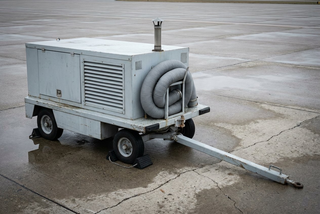 Illustrative image, not a delivered system — a towable ground support trolley standing alone on an empty concrete apron: an enclosed pale grey acoustic cabinet on a low four-wheel chassis, a long steel drawbar with a tow eye resting on the ground, a vertical exhaust stack with a rain cap at the rear, large louvred intake panels along the side, a thick coiled grey flexible duct hose stowed in a steel cradle, rubber chocks at the wheels, overcast daylight on wet concrete, no aircraft, no people and no markings