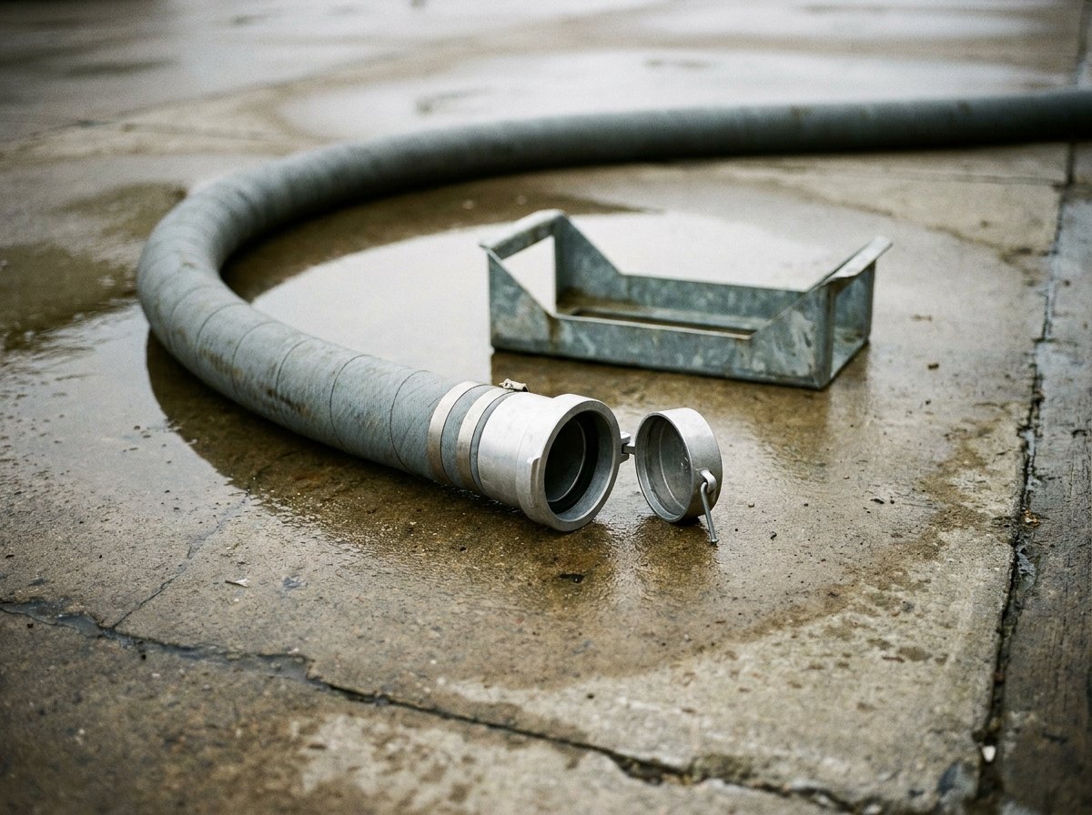 Illustrative image, not a delivered system — close view of the delivery end of a large-bore flexible air duct on a concrete apron: a thick grey reinforced hose about the diameter of a dinner plate curving across the frame and ending in a plain machined aluminium bayonet-style coupling with a hinged blank dust cap standing open on its pin, a shallow galvanised steel cradle behind it, damp apron with shallow puddles, flat grey daylight, no markings