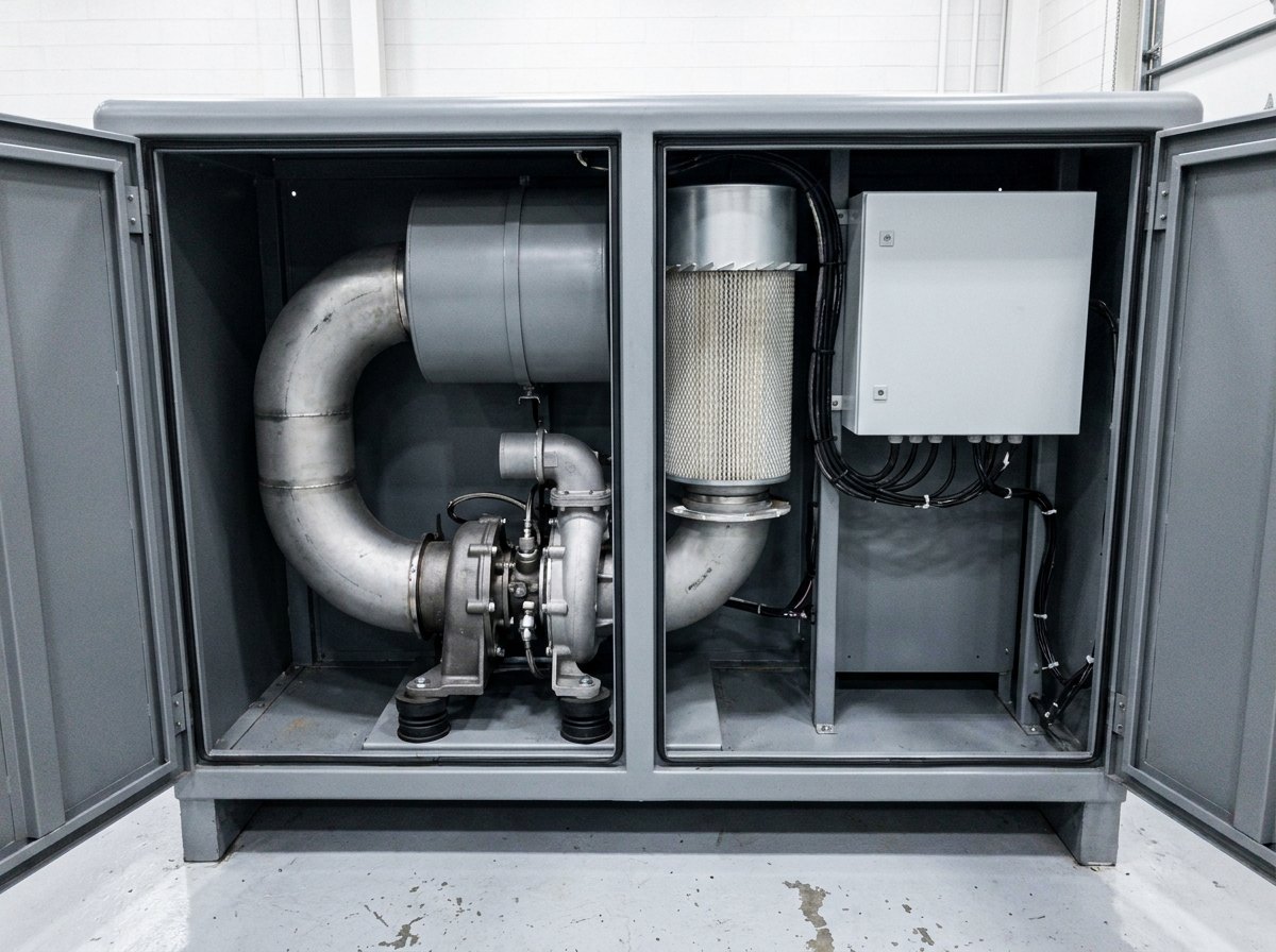 Illustrative image, not a delivered system — the side doors of a ground support equipment cabinet standing open in a clean workshop: a compact turbine and compressor module on four rubber anti-vibration mounts on the base frame, a wide-bore duct elbow leaving the compressor into a horizontal cylindrical silencer, a tall pleated filter housing alongside with a plain blank-faced indicator on its head, neatly loomed wiring running to a plain grey control box with a blank front panel, painted steel floor plate, even workshop lighting, no people and no markings