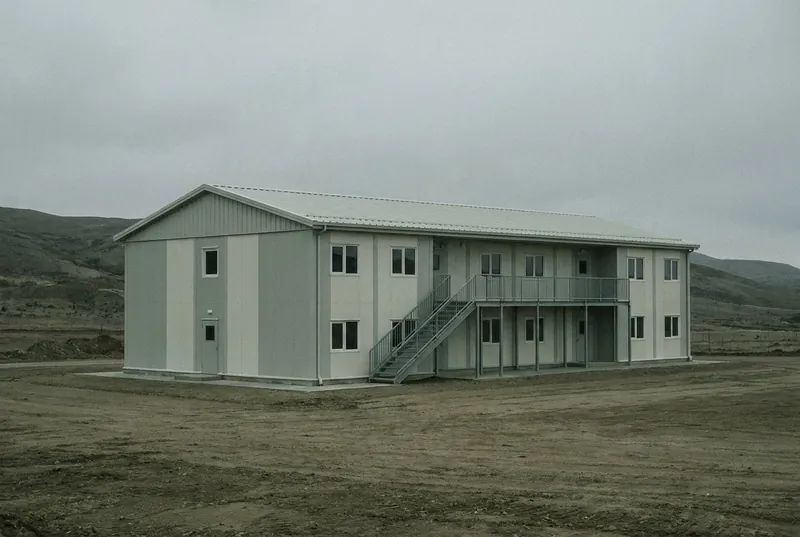Illustrative image, not a delivered installation — a clean modern double-storey military accommodation block built of light-gauge steel frame with insulated panel cladding, an external staircase and walkway and rows of windows, hills behind, no text, no insignia and no people