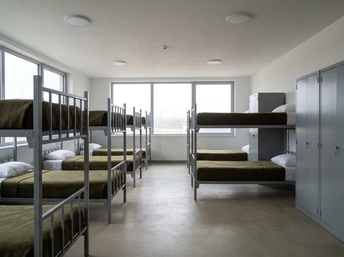 Illustrative image, not a delivered installation — a fitted barrack accommodation room interior: a clean bright room with two rows of neat metal bunk beds, steel lockers along the wall, windows and a smooth finished floor and lit ceiling, empty with no people, no text and no insignia