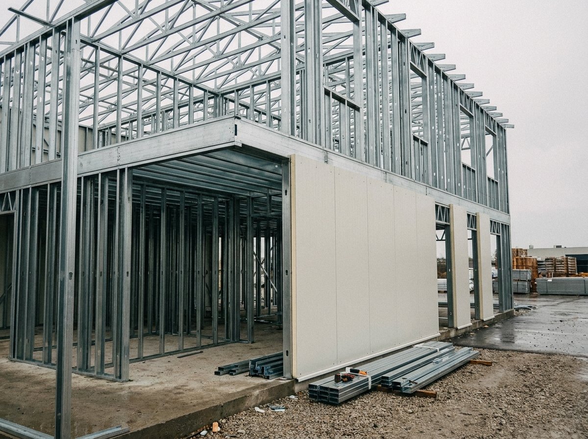 Illustrative image, not a delivered installation — a light-gauge steel frame under construction: a cold-formed galvanised steel-frame structure of vertical studs, floor joists and roof trusses for a two-storey building, part-clad with insulated wall panels, on a construction site, no text and no people