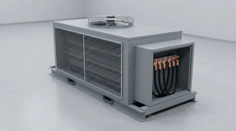 A single resistive load bank: a robust rectangular enclosure of grey painted steel on a heavy steel skid with fork-lift pockets, a galvanised wire-mesh air intake guard along one long side, a round axial cooling fan under a wire guard on the top, and at one end an open-fronted steel terminal box with thick black power cables ending in copper cable lugs bolted onto copper studs, and no people