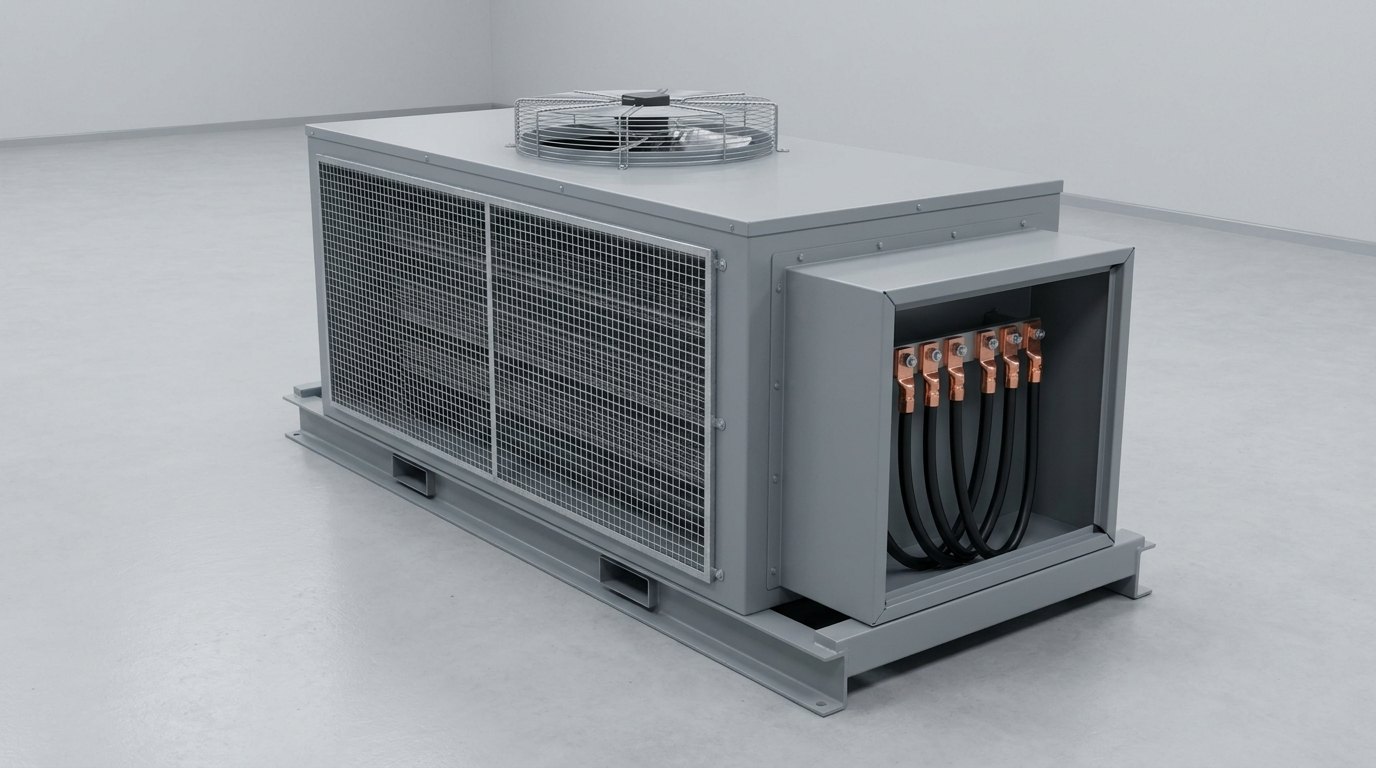 A single resistive load bank: a robust rectangular enclosure of grey painted steel on a heavy steel skid with fork-lift pockets, a galvanised wire-mesh air intake guard along one long side, a round axial cooling fan under a wire guard on the top, and at one end an open-fronted steel terminal box with thick black power cables ending in copper cable lugs bolted onto copper studs, and no people