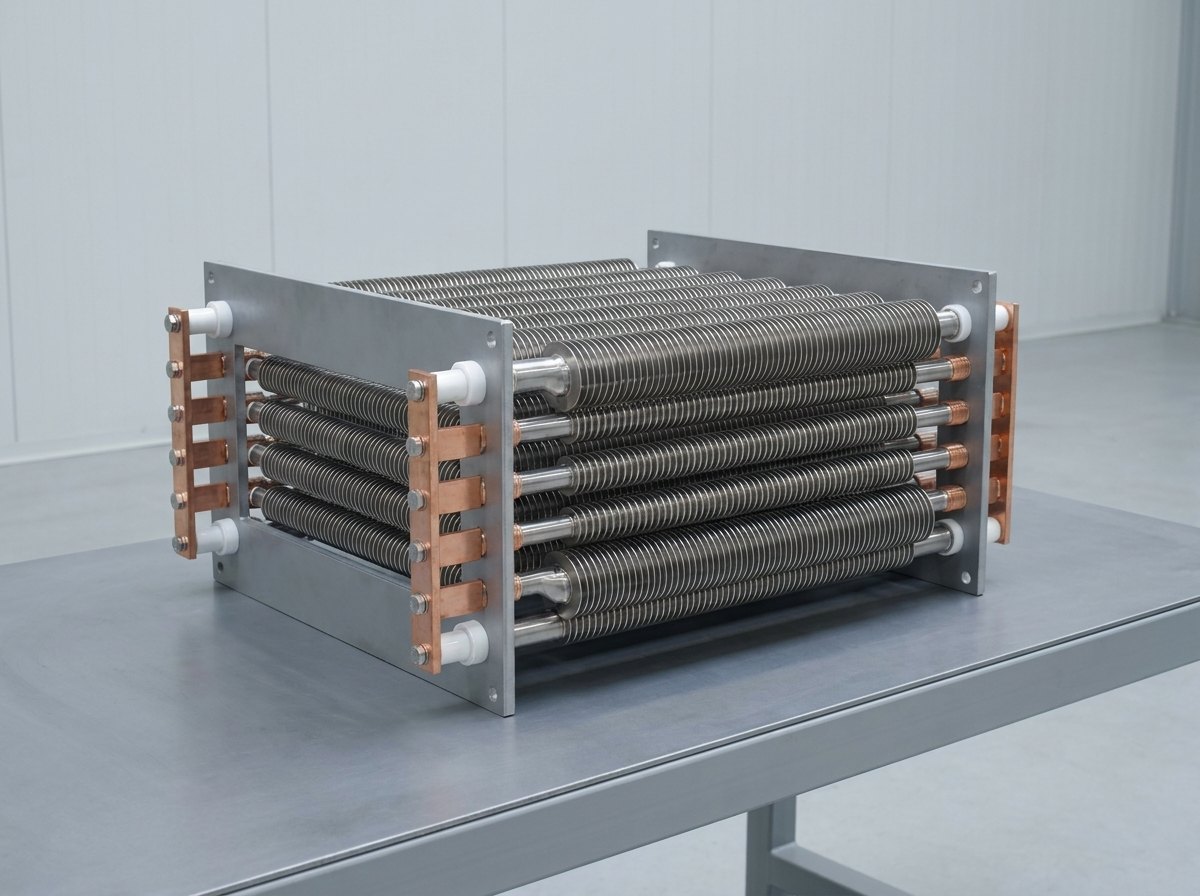 A single resistor element bank of a load bank with its side panel removed: rows of straight, evenly spaced, finned stainless steel tubular heating elements held between two grey steel frame plates, with white ceramic insulator bushings at the ends and copper links joining the element ends in groups, standing on a plain grey steel bench, and no people