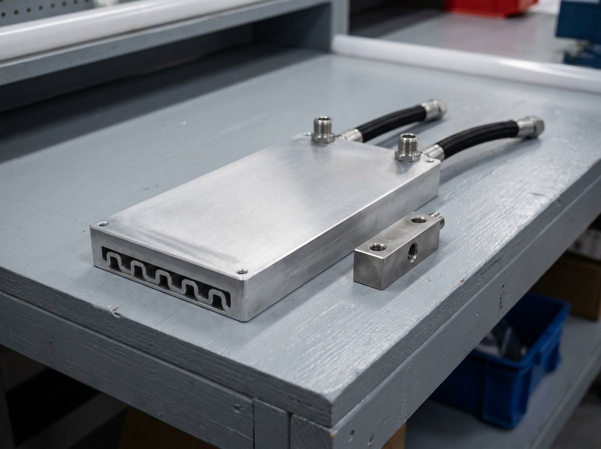 Illustrative image, not a delivered system — a machined aluminium cold plate: a flat rectangular plate with internal liquid channels and two coolant ports with fittings, resting on a bench beside a coolant manifold and short hoses, no text and no people