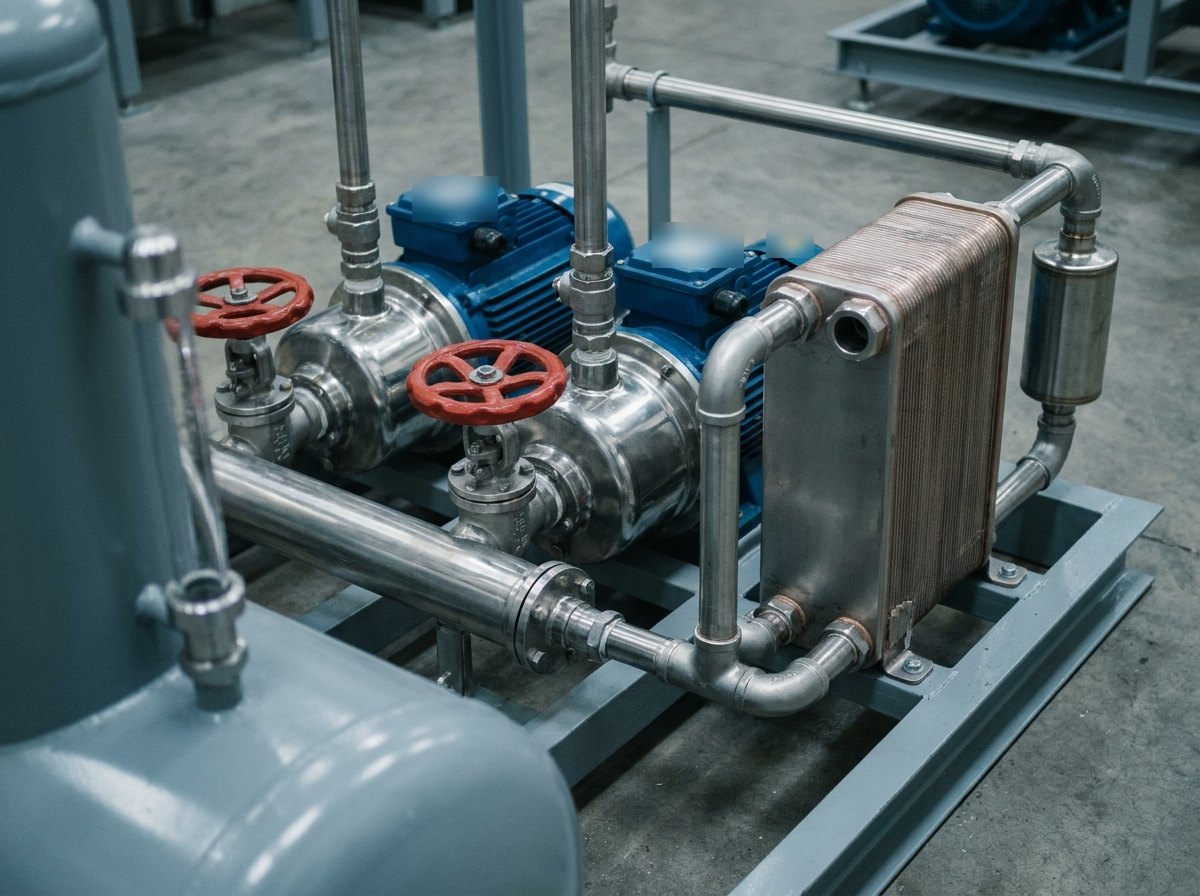 Illustrative image, not a delivered system — close detail of a coolant circulation set: two redundant pumps on a manifold with isolation valves, a brazed plate heat exchanger beside them, a filter housing and a level indicator, stainless pipework on a painted frame, no text and no people