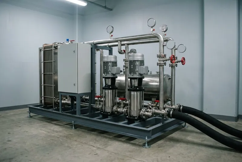 Illustrative image, not a delivered system — a liquid cooling system skid: a compact painted frame carrying two pumps with motors, a horizontal cylindrical reservoir, a plate heat exchanger, stainless manifolds with valves and blank-dial gauges and a closed control cabinet, with insulated coolant hoses leaving to one side, no text and no people