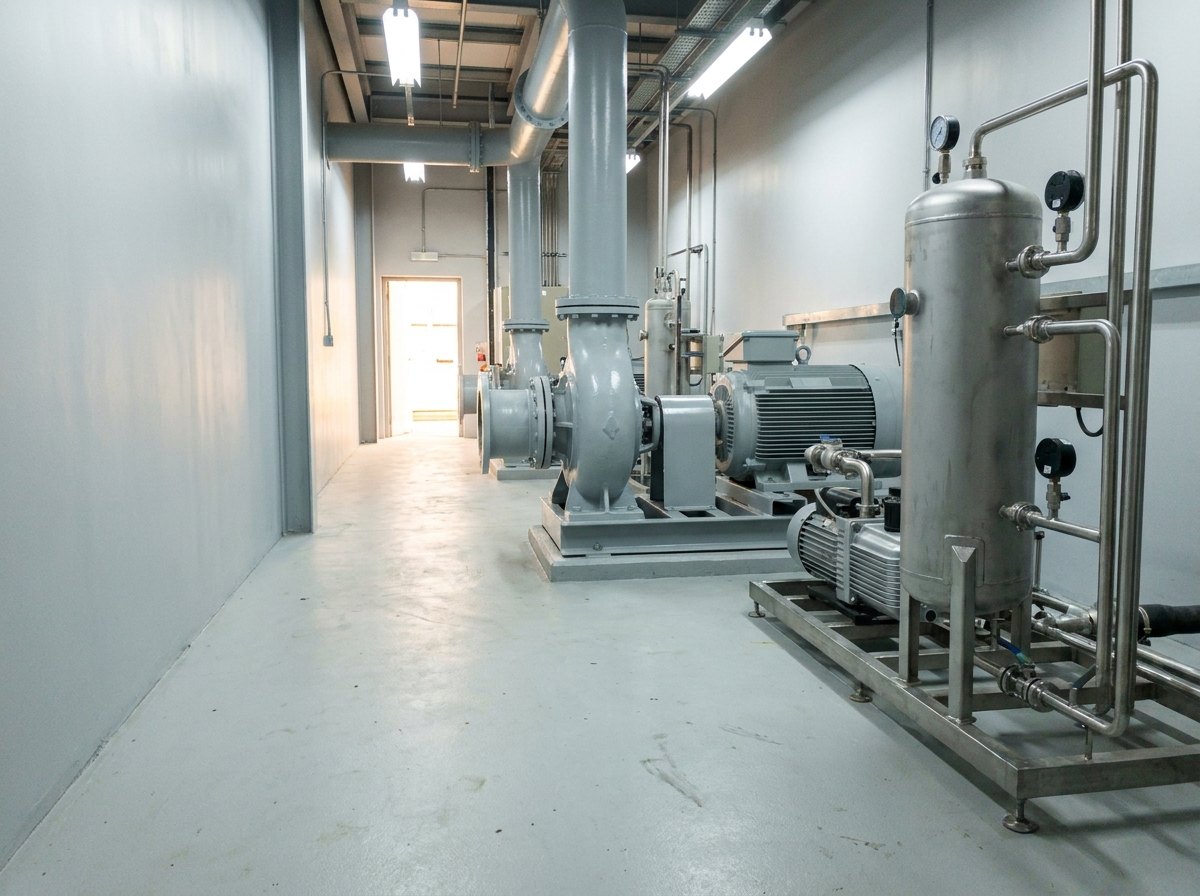 Illustrative of the class — the machinery floor of a water tunnel facility in a clean plant room: the lower leg of a large fresh-grey flow circuit with a bulged axial impeller housing, a big electric drive motor coupled on a machined baseplate, a vacuum pump skid and a vertical stainless degassing vessel with tidy bright pipework and valves, small dark unreadable gauges, freshly painted pale-grey walls and a clean sealed light floor, no people and no readable markings