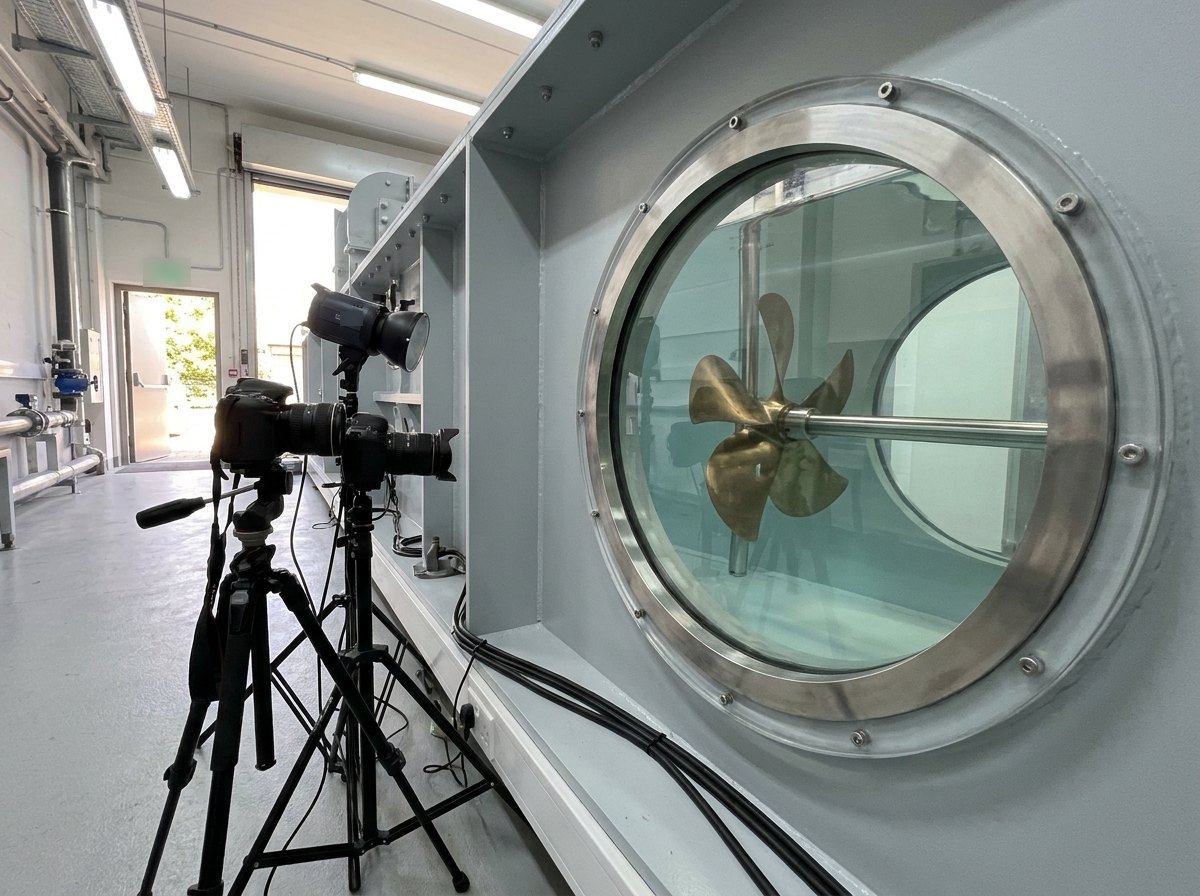 Illustrative of the class — close view of a water tunnel test section in a clean research hall: a thick polished circular acrylic observation window in a fresh light-grey steel section, through the window a bronze five-bladed model propeller on a slender polished dynamometer shaft in clear still water, outside the window two professional cameras and a strobe head on dark tripods angled away, neat black cables along the platform, no people and no readable markings