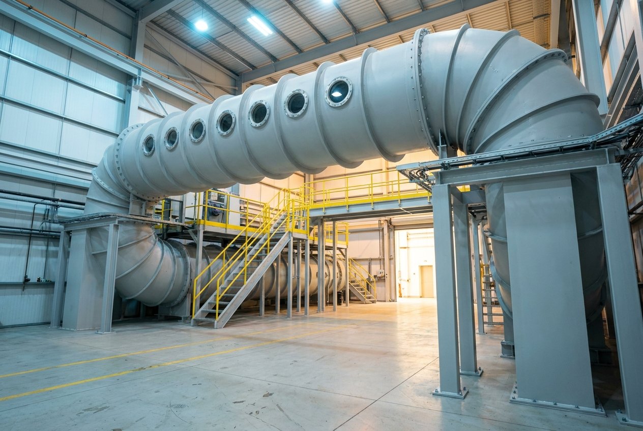 Illustrative of the class — a large vertical closed-circuit water tunnel in a tall clean research hall: a massive fresh light-grey steel flow circuit two storeys high with external ring stiffeners, a long horizontal upper leg carrying the test section with a row of thick circular observation windows, sweeping large-radius corner elbows, heavy support columns, steel access stairs and walkway platforms with fresh yellow railings, clean light floor with a yellow line, no people and no readable markings