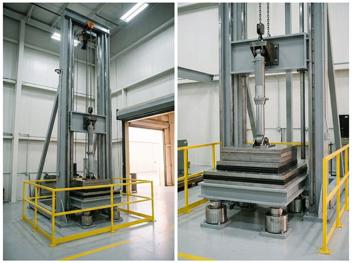 Illustrative of the class — a landing-gear drop-test rig in a tall clean test bay: a high fresh-grey steel tower with vertical guide rails, a heavy sliding crosshead carrying a chrome-and-grey shock strut bearing down onto a stack of flat steel mass plates, a massive impact platform beneath on squat cylindrical load cells, a chain hoist at the tower head dropping to the crosshead, fresh yellow safety railing around the base, clean light floor with a yellow line, no people and no readable markings