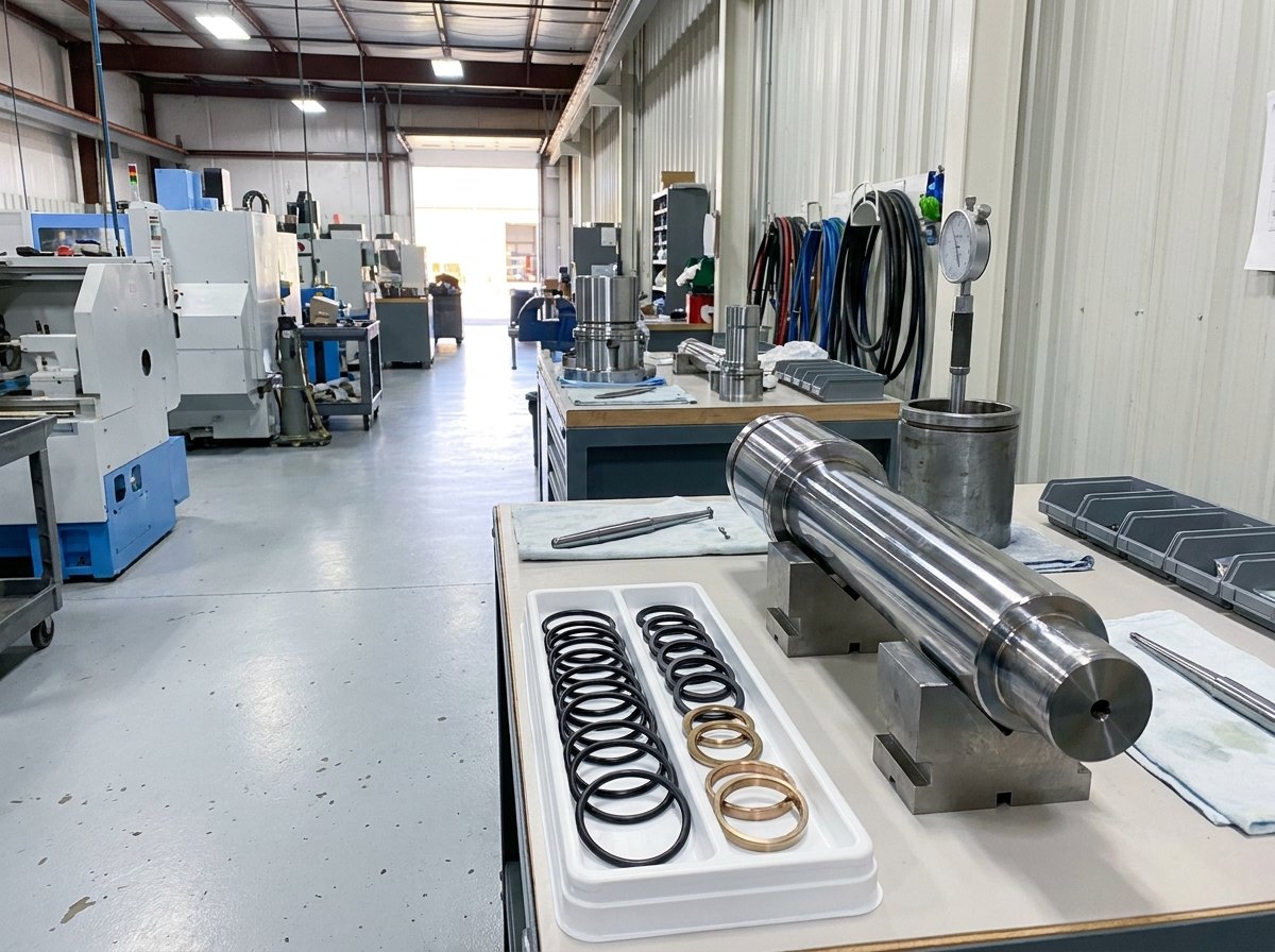 Illustrative of the class — an overhaul bench for landing-gear struts in a clean workshop: a mirror-chrome piston resting on two machined steel V-blocks, a neat row of new black elastomer gland seals and bronze bearing rings on a white tray, a slender tapered steel metering pin on a cloth, a dial bore gauge standing in an open steel cylinder section with its face angled away, machine tools of the shop soft-focus down the aisle, clean laminated bench surface under soft even light, no people and no readable markings