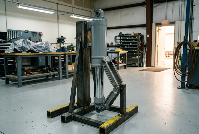 Illustrative of the class — a complete aircraft oleo-pneumatic landing-gear shock strut mounted upright on a heavy raw-steel assembly stand with yellow-edged base rails in a working workshop: fresh machine-grey outer cylinder with a clevis head and a small service port, a mirror-polished chrome inner piston partly extended, hinged scissor torque links joining cylinder to piston, tidy workbenches, a tool wall and a parts rack soft-focus behind, clean light floor, no people and no readable markings
