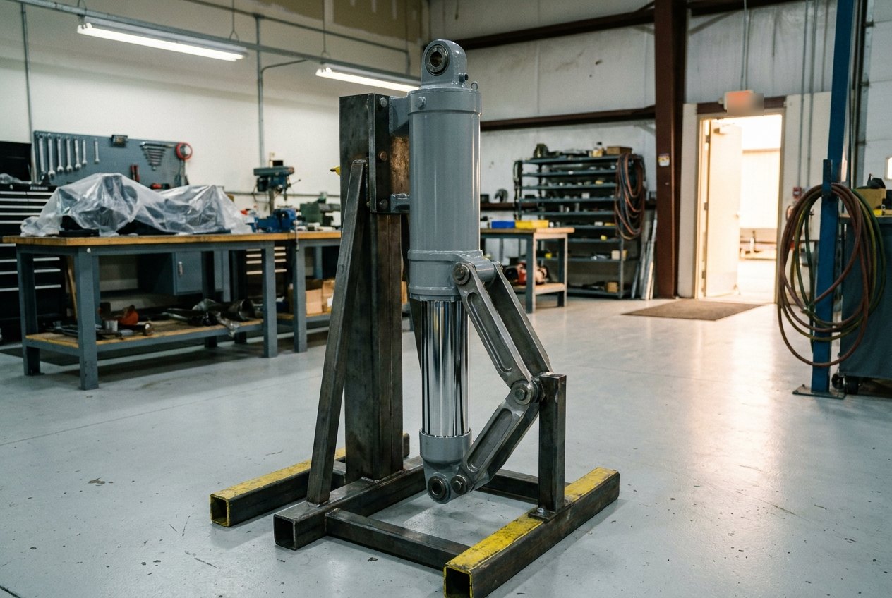 Illustrative of the class — a complete aircraft oleo-pneumatic landing-gear shock strut mounted upright on a heavy raw-steel assembly stand with yellow-edged base rails in a working workshop: fresh machine-grey outer cylinder with a clevis head and a small service port, a mirror-polished chrome inner piston partly extended, hinged scissor torque links joining cylinder to piston, tidy workbenches, a tool wall and a parts rack soft-focus behind, clean light floor, no people and no readable markings