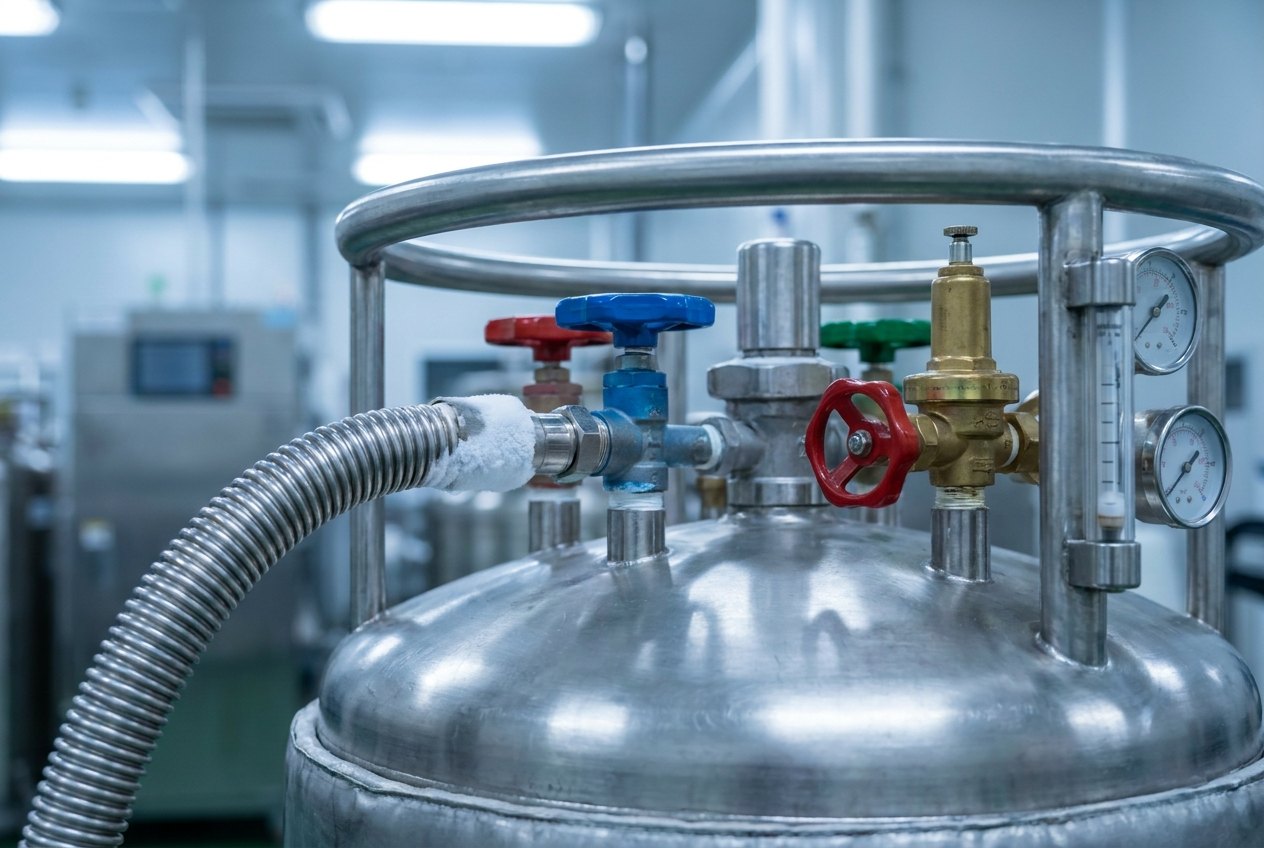 Valve head cluster of a stainless cryogenic dewar with fill, withdrawal and vent valves, gauges, and a frosted corrugated transfer hose