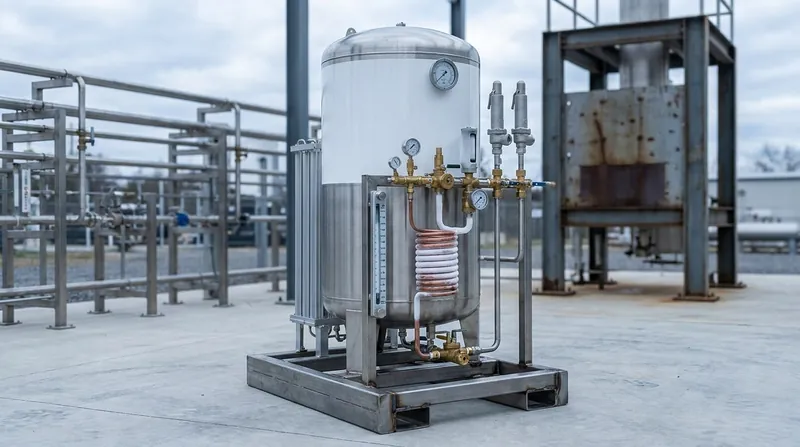 Representative render — a tall vertical vacuum-insulated cryogenic liquid-oxygen storage tank on a welded steel base frame with forklift channels, a side manifold of cryogenic valves, gauges, a frosted pressure-building coil and twin safety relief valves, at a propulsion test facility