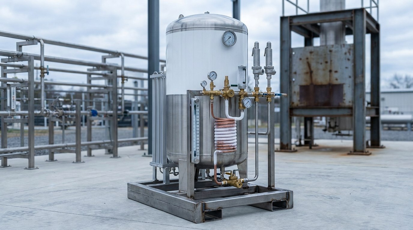 Representative render — a tall vertical vacuum-insulated cryogenic liquid-oxygen storage tank on a welded steel base frame with forklift channels, a side manifold of cryogenic valves, gauges, a frosted pressure-building coil and twin safety relief valves, at a propulsion test facility