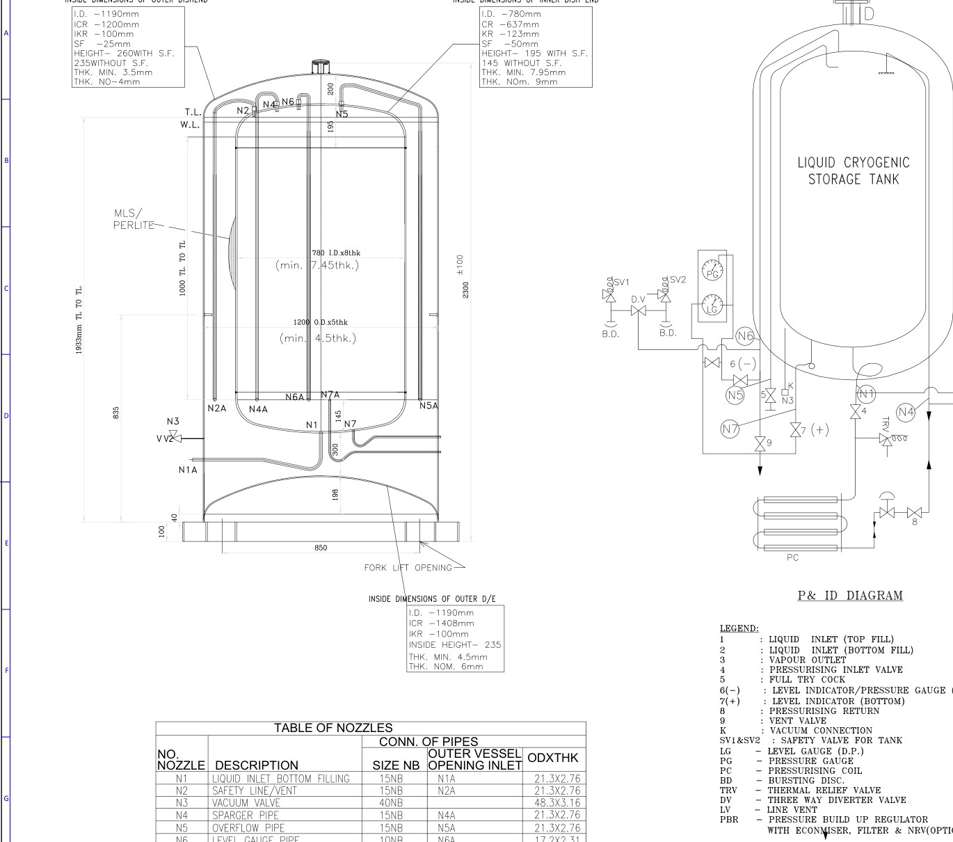 General arrangement drawing — 600 litre vertical cryogenic liquid-oxygen storage tank: inner and outer vessel with dished ends, perlite insulation, nozzle schedule and a piping and instrumentation diagram with safety valves, burst discs, gauges and pressure-building coil