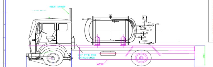 General arrangement drawing — liquid-oxygen tanker vessel mounted on a road vehicle chassis, side elevation with the double-walled tank, saddle supports, operating fittings and P&ID legend