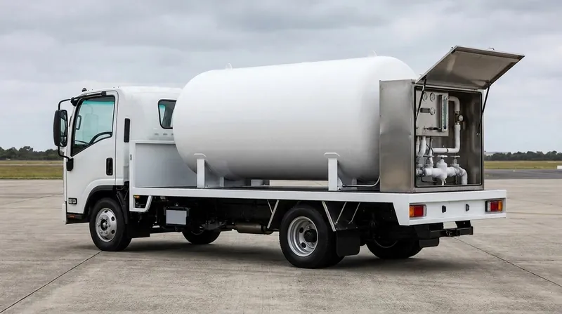 Representative render — liquid-oxygen tanker vehicle: a white double-walled cryogenic LOX tank on saddle mounts on a compact road truck, with a stainless rear operating cabinet of gauges and cryogenic valves, on an airbase apron