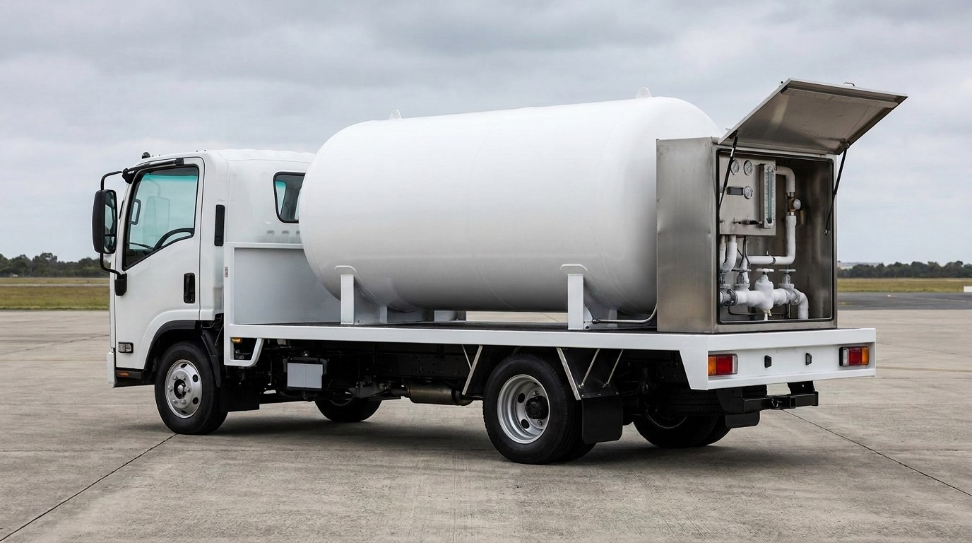 Representative render — liquid-oxygen tanker vehicle: a white double-walled cryogenic LOX tank on saddle mounts on a compact road truck, with a stainless rear operating cabinet of gauges and cryogenic valves, on an airbase apron
