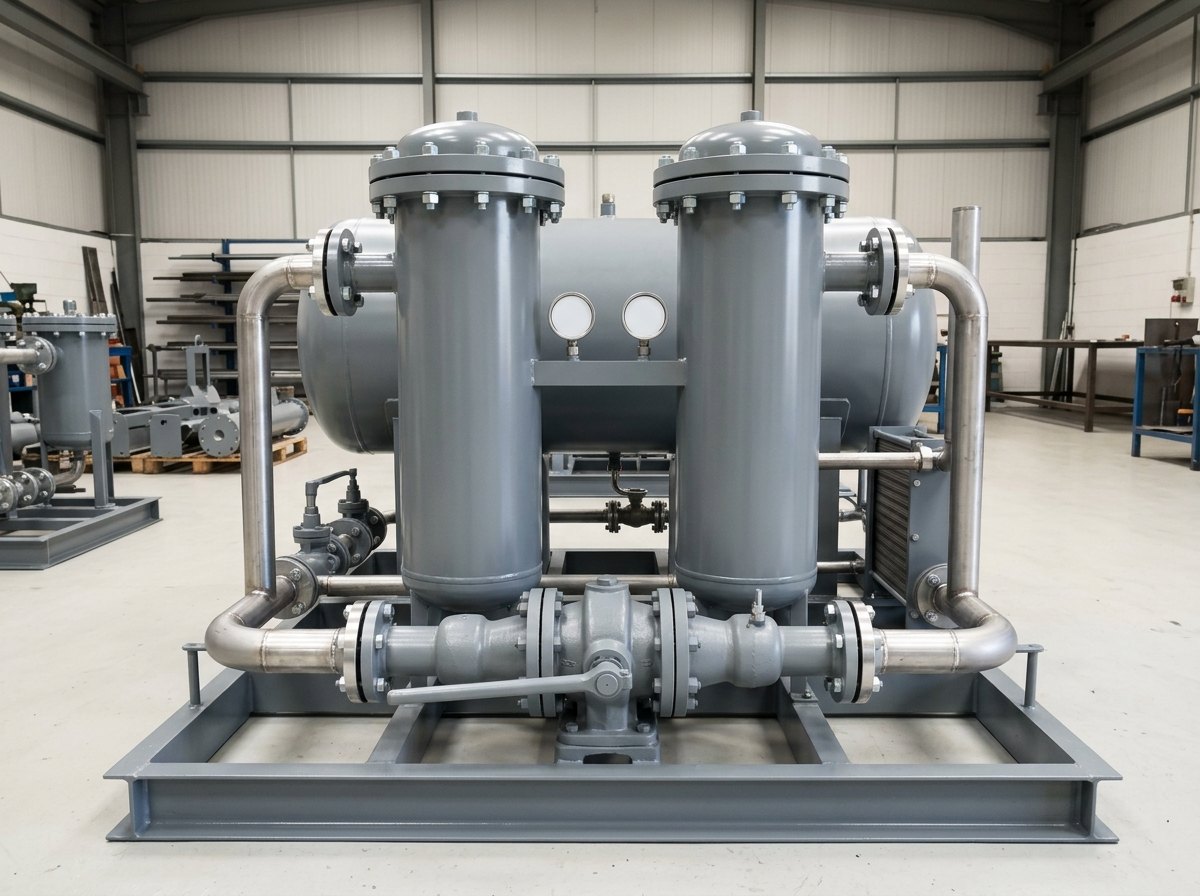 Illustrative of the class — close view of the duplex filter arrangement on a lube oil console skid: two identical tall cylindrical steel filter housings standing side by side in mid-grey paint with domed bolted top covers and rings of bright new bolts, joined at the bottom by a single cast changeover transfer valve with a long plain steel operating lever, bright steel flanged pipework entering and leaving and two small plain blank-faced gauges on a bracket between the housings, all mounted on the fabricated steel base frame, no people, nothing running and no readable markings