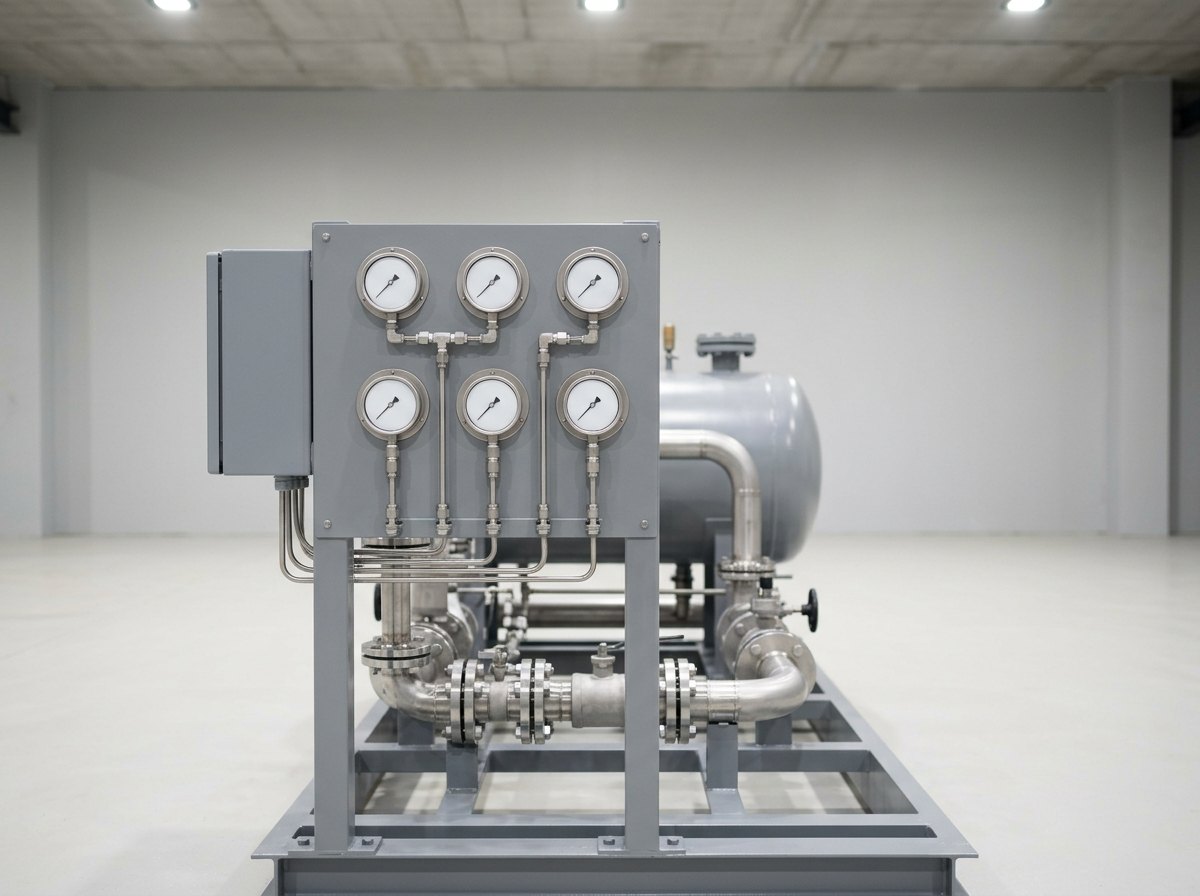 Illustrative of the class — close view of the instrument panel end of a lube oil console skid: a small vertical fabricated steel panel in mid-grey paint carrying six plain round pressure gauges with completely blank white dial faces in two rows, a neat array of small bright stainless impulse tubing runs and compression fittings feeding them from below, a plain grey junction box with a blank cover to one side, and the larger bright steel flanged pipework of the skid behind with the grey reservoir tank out of focus beyond, no people, nothing running and no readable markings