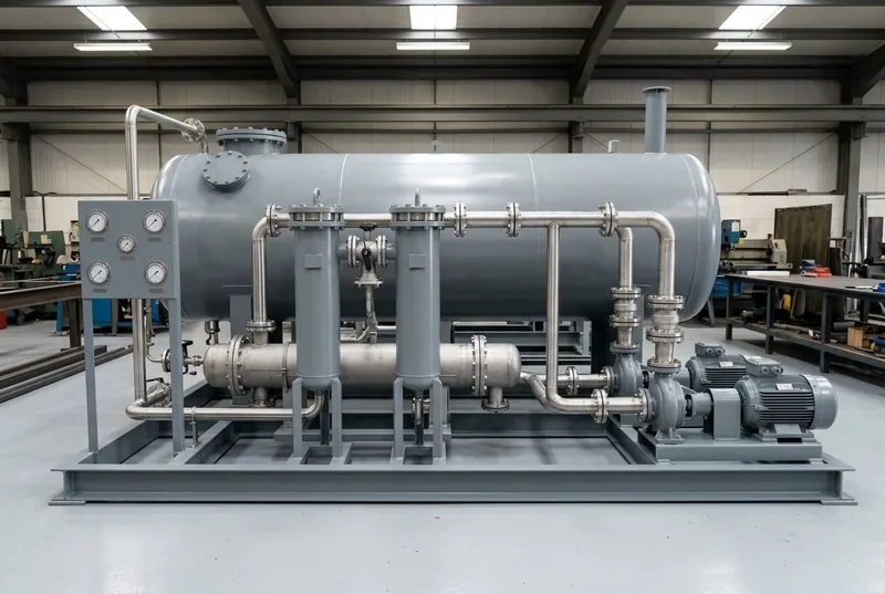Illustrative of the class — a complete lube oil console on a single fabricated steel base frame in a clean assembly workshop: a large horizontal cylindrical carbon steel reservoir tank in mid-grey paint with bolted inspection covers and a vent stack along the back, two identical motor-driven pump sets side by side at one end, a pair of tall cylindrical duplex filter housings joined by a single changeover valve in the middle, a shell-and-tube heat exchanger alongside, bright steel flanged pipework running between them and a small instrument panel of plain blank-faced gauges at the near end, no people, nothing running and no readable markings