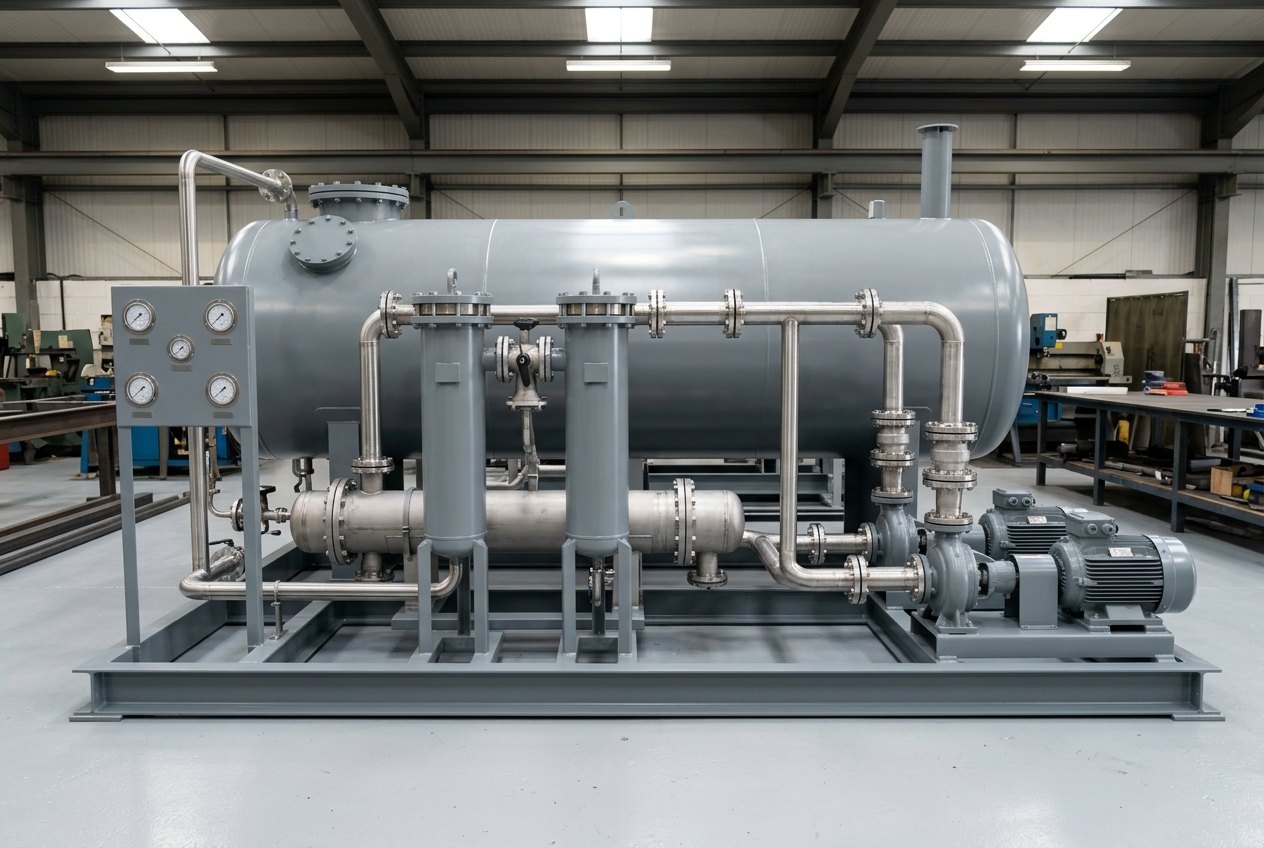 Illustrative of the class — a complete lube oil console on a single fabricated steel base frame in a clean assembly workshop: a large horizontal cylindrical carbon steel reservoir tank in mid-grey paint with bolted inspection covers and a vent stack along the back, two identical motor-driven pump sets side by side at one end, a pair of tall cylindrical duplex filter housings joined by a single changeover valve in the middle, a shell-and-tube heat exchanger alongside, bright steel flanged pipework running between them and a small instrument panel of plain blank-faced gauges at the near end, no people, nothing running and no readable markings