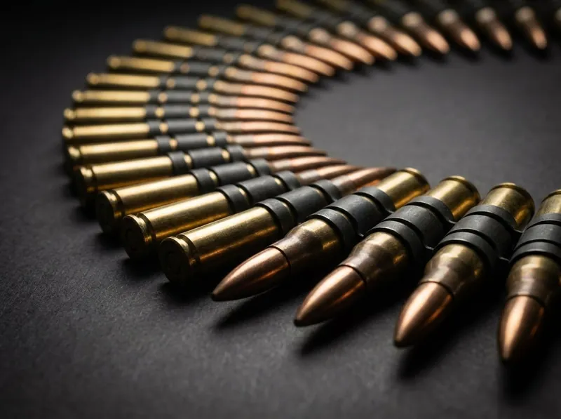 7.62×51 mm brass cartridges joined by M13 disintegrating metallic belt links into an ammunition belt