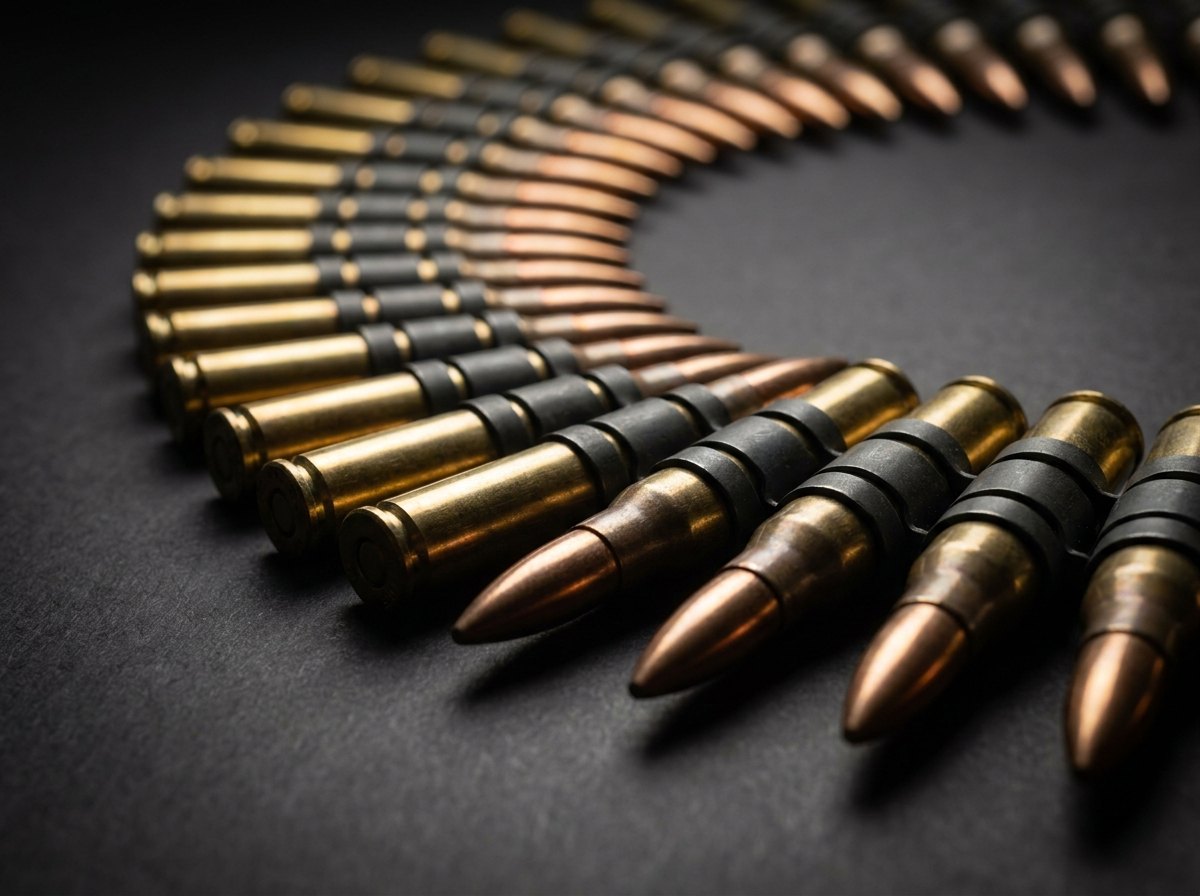 7.62&times;51 mm brass cartridges joined by M13 disintegrating metallic belt links into an ammunition belt
