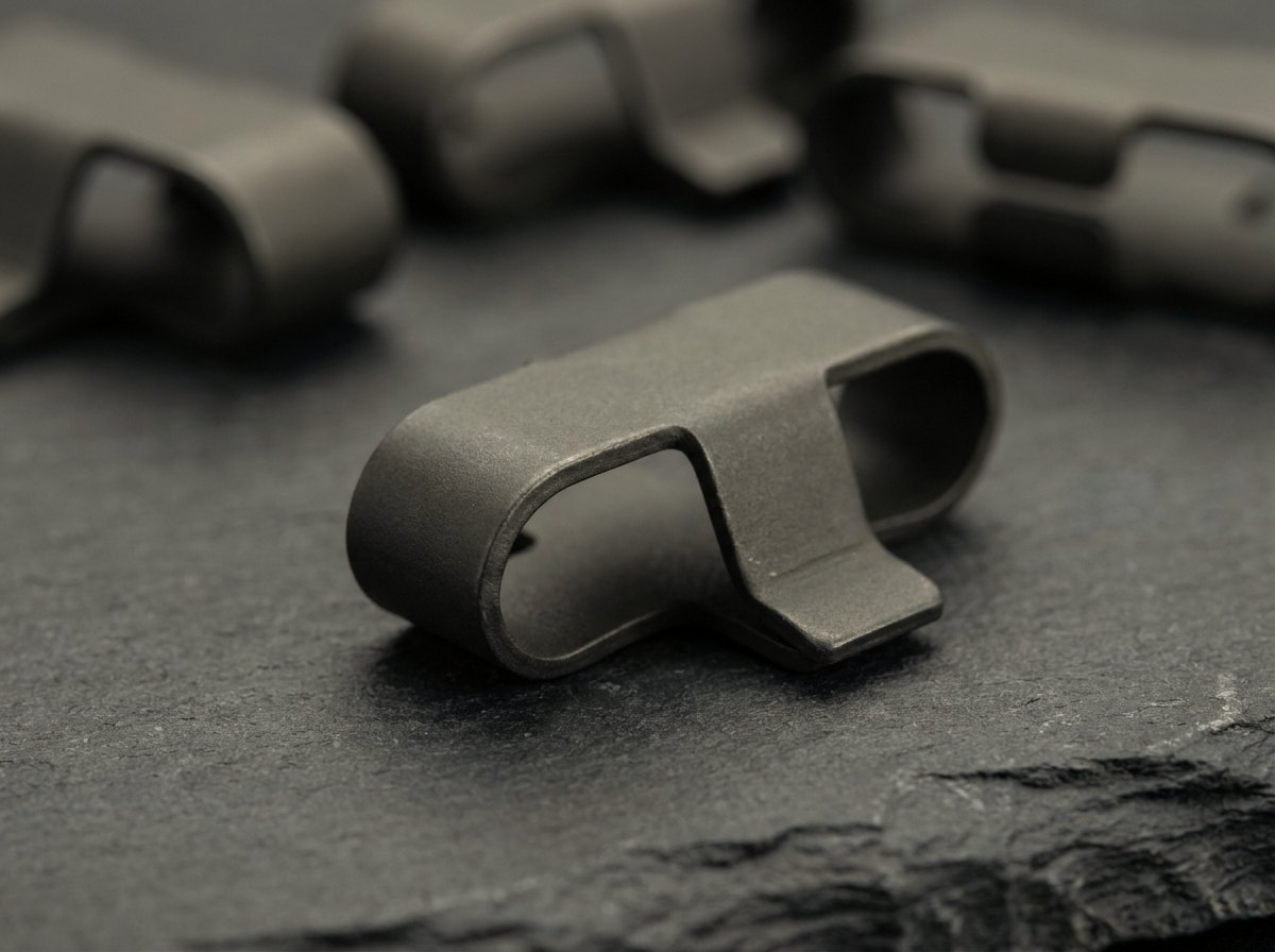 Loose stamped phosphate-finish M13 disintegrating belt links showing the loop-and-tab form