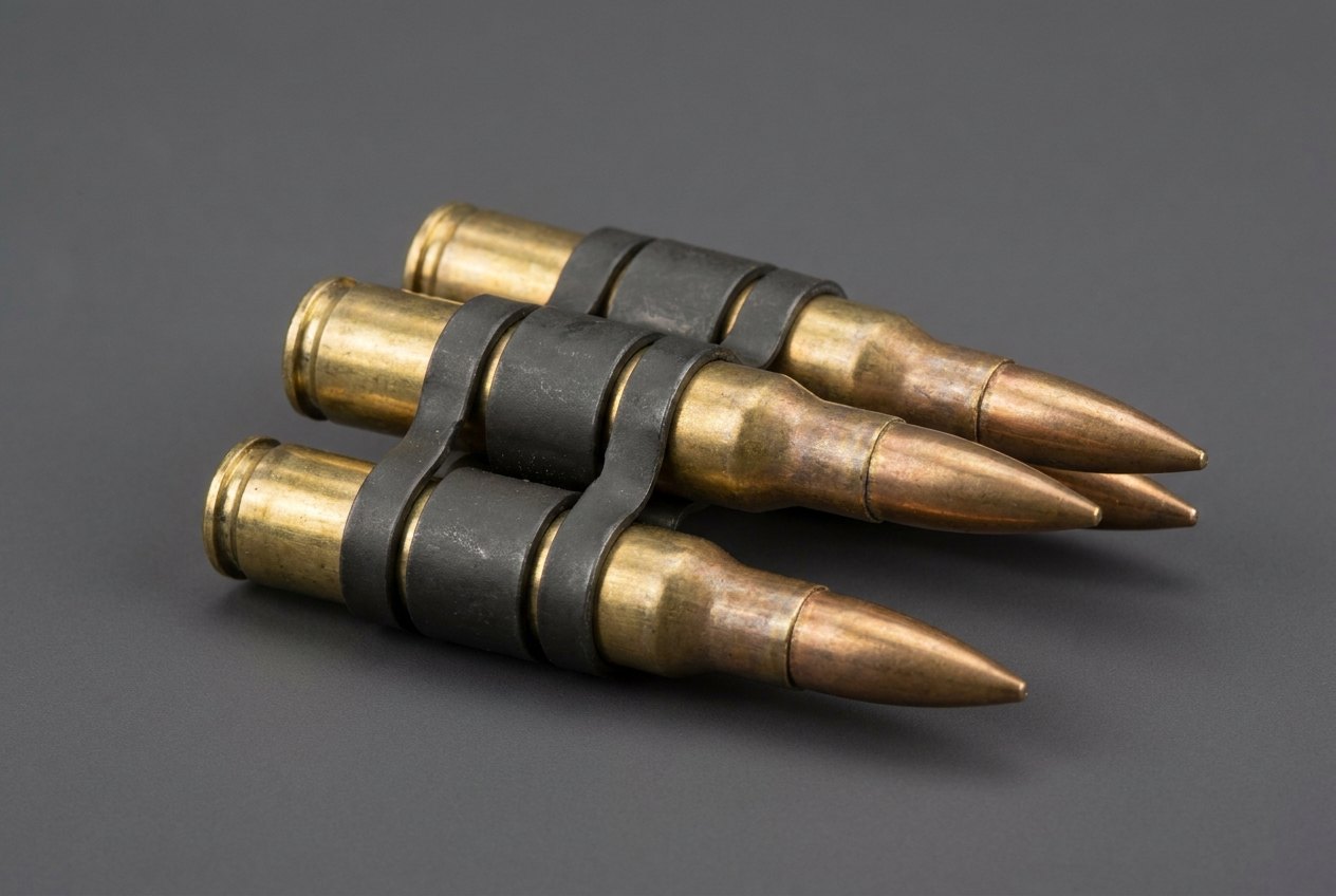Three 7.62&times;51 mm cartridges held together by M13 belt links, showing how the link grips the case and interlocks